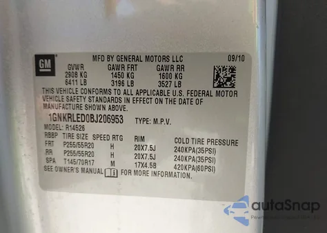 2011 Chevrolet Traverse Ltz из США, поврежденный, VIN 1GNKRLED0BJ206953